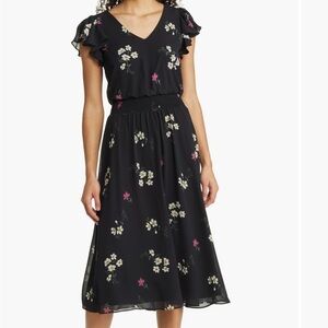 Vince Camuto Black Floral Smocked Waist Midi Dress